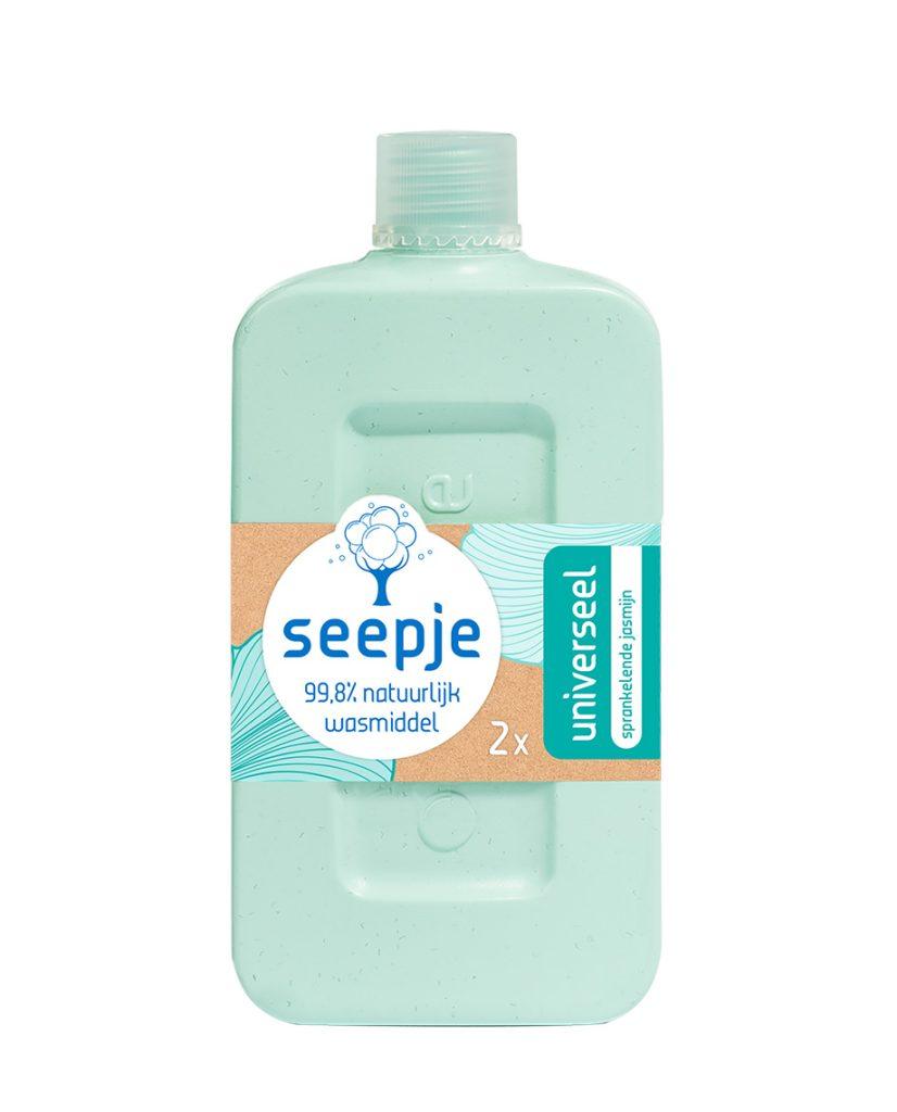 Mini van Seepje wasmiddel universeel Sprankelende Jasmijn in handig reisformaat, voor twee duurzame wasbeurten.