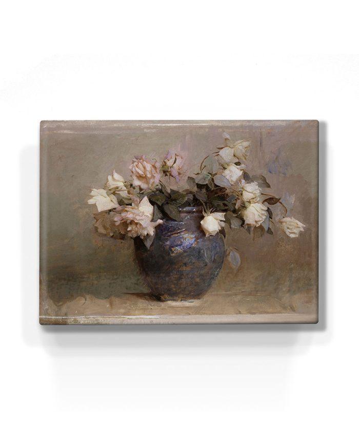 Laqueprint reproductie op hout van schilderij Stilleven met rozen van Abbott Handerson Thayer.