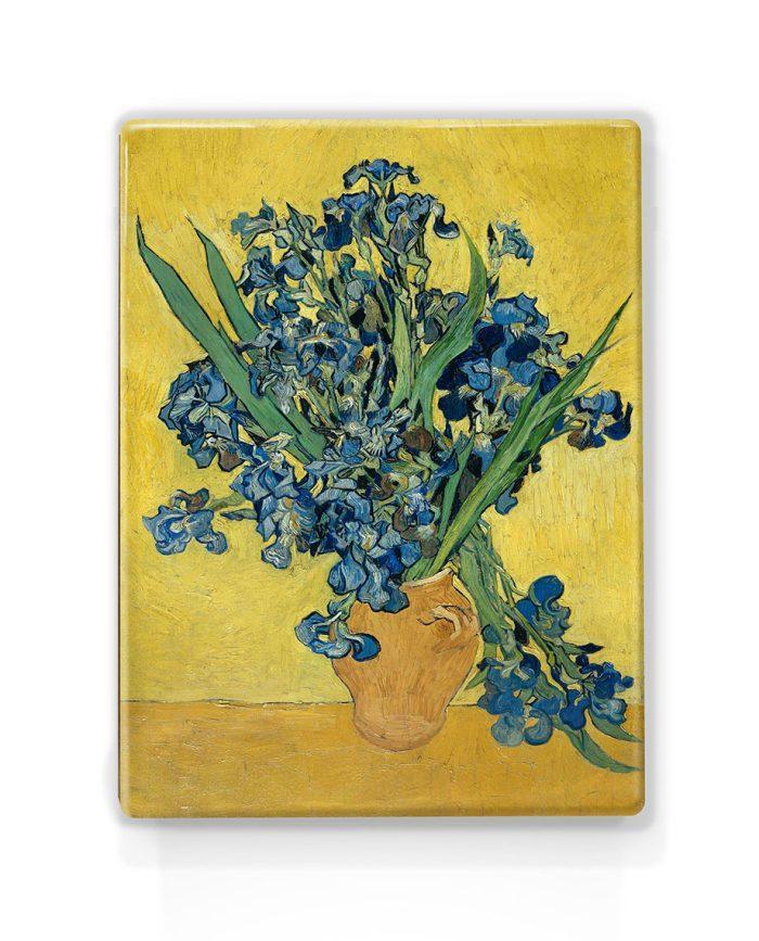 Reproductie Van Gogh Irissen in een vaas duurzaam gedrukt op hergebruikt hout.