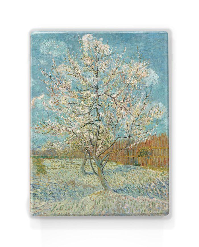Laqueprint reproductie op hout van schilderij Roze perzikboom door Vincent van Gogh.