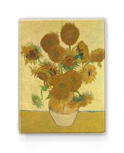 Laqueprint reproductie op hout van beroemd schilderij Zonnebloemen van Vincent van Gogh uit jaartal 1889.