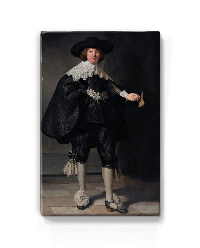 Laqueprint reproductie op hout van Portret van Marten Soolmans door kunstenaar Rembrandt van Rijn.