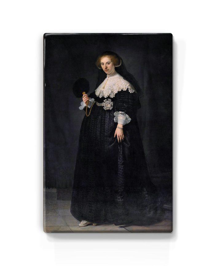 Laqueprint reproductie op hout van schilderij Portret van Oopjen Coppit door kunstenaar Rembrandt van Rijn.