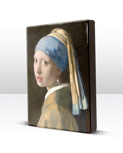 Duurzame reproductie op hout van beroemd schilderij Meisje met de Parel door kunstenaar Johannes Vermeer.