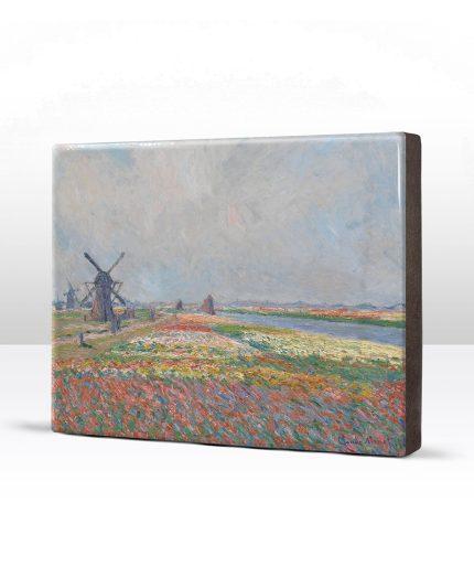 Duurzame reproductie op hout van kunstwerk Tulpenvelden vlak bij Den Haag van schilder Monet.