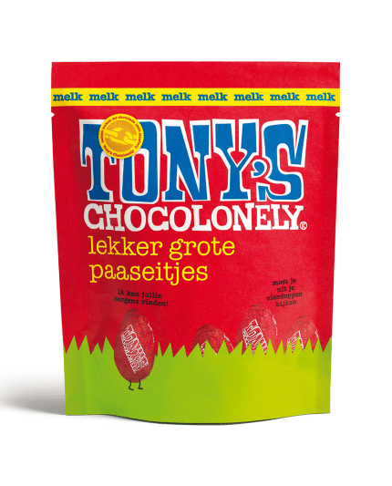 zak Paaseitjes melkchocolade van Tony's Chocolonely, vooraanzicht