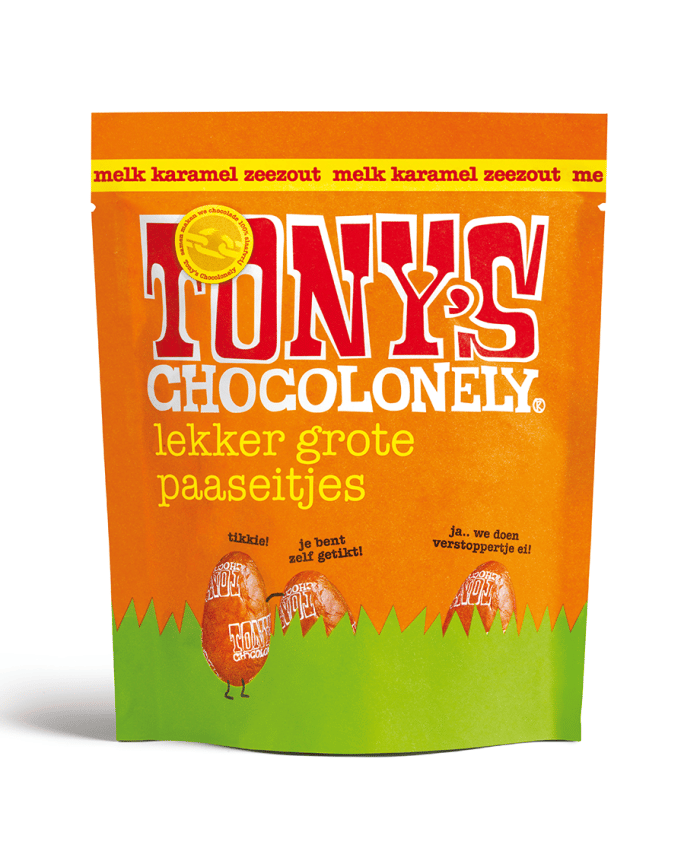 zak Paaseitjes melkchocolade karamel zeezout van Tony's Chocolonely, vooraanzicht