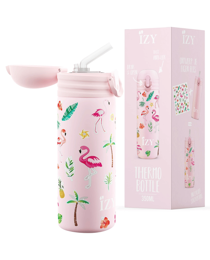 thermosfles voor kids met roze flamingo's van izy bottles met doos