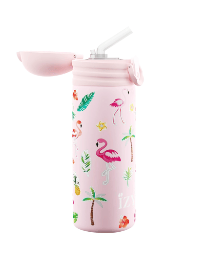 thermosfles voor kids met roze flamingo's van izy bottles met open drinktuit