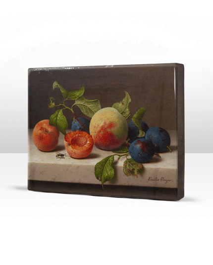 Reproductie Stilleven met fruit en een wesp van Emilie Preyer laqueprint schuin
